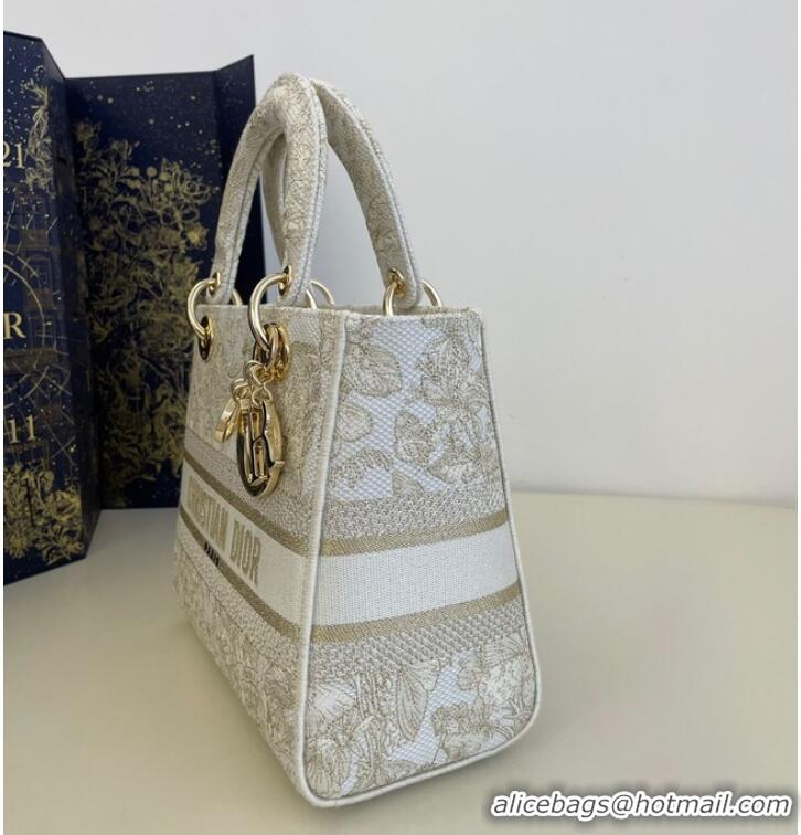 Best Quality MEDIUM DIOR LADY D-LITE BAG Gold-Tone and White Butterfly Around The World Embroidery M0565OE