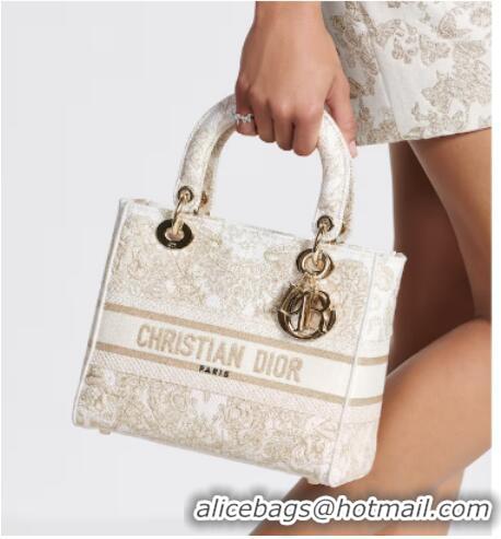 Best Quality MEDIUM DIOR LADY D-LITE BAG Gold-Tone and White Butterfly Around The World Embroidery M0565OE