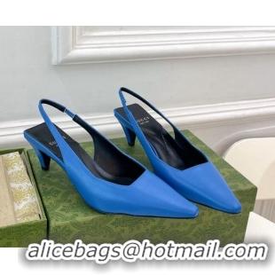 Luxurious Gucci Stone-Embossed Leather Slingback Pumps 5.5cm 764192 Blue 024012