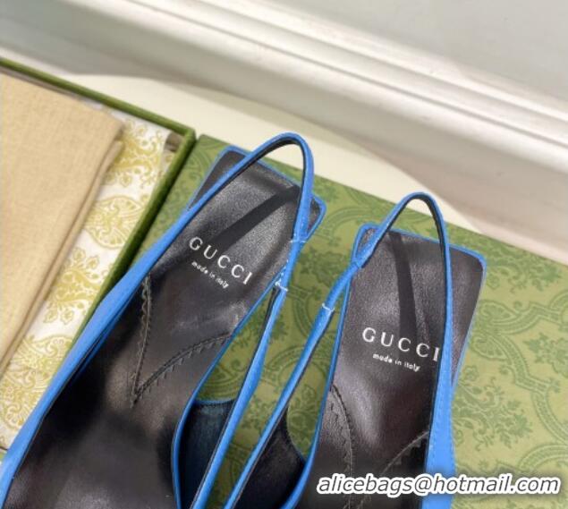 Luxurious Gucci Stone-Embossed Leather Slingback Pumps 5.5cm 764192 Blue 024012