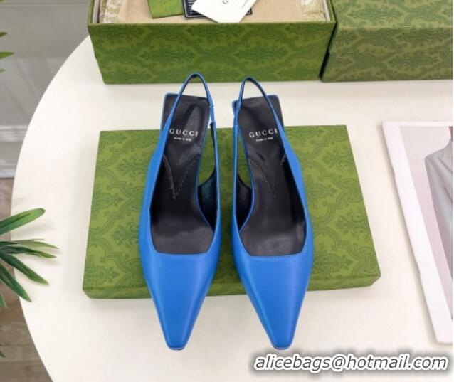 Luxurious Gucci Stone-Embossed Leather Slingback Pumps 5.5cm 764192 Blue 024012