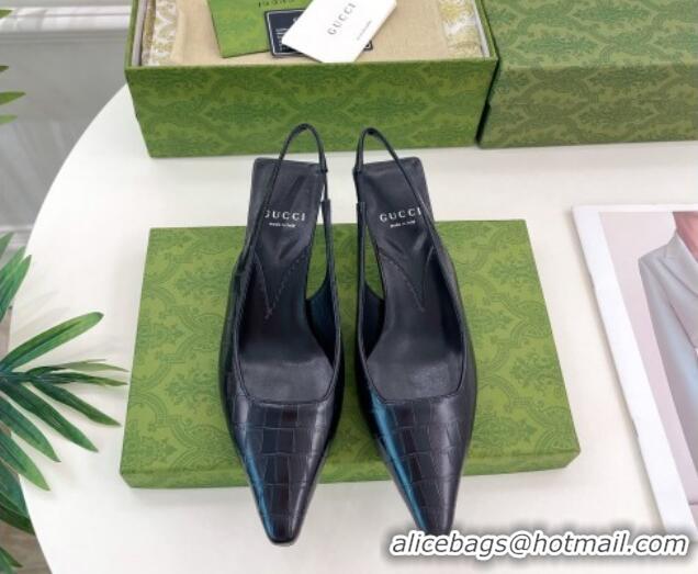 Discount Gucci Stone-Embossed Leather Slingback Pump 5.5cm 764192 Black 024013