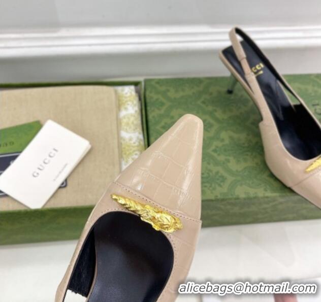 Grade Quality Gucci Stone Embossed Leather Slingback Pump ‎5.5cm with Tiger Head 768113 Beige 024014