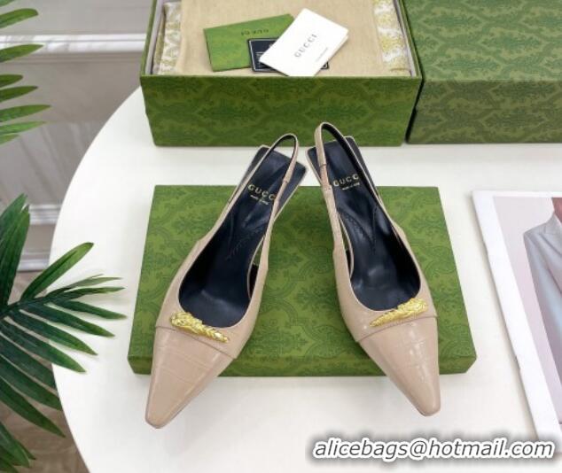 Grade Quality Gucci Stone Embossed Leather Slingback Pump ‎5.5cm with Tiger Head 768113 Beige 024014