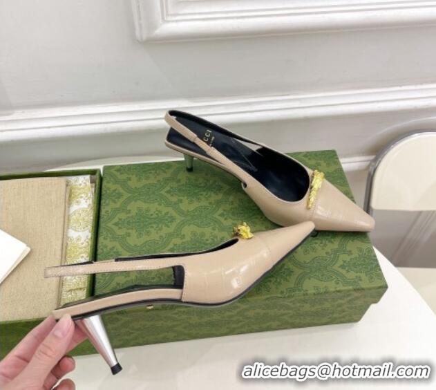 Grade Quality Gucci Stone Embossed Leather Slingback Pump ‎5.5cm with Tiger Head 768113 Beige 024014