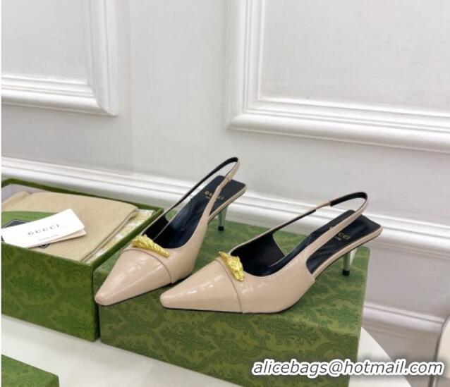 Grade Quality Gucci Stone Embossed Leather Slingback Pump ‎5.5cm with Tiger Head 768113 Beige 024014