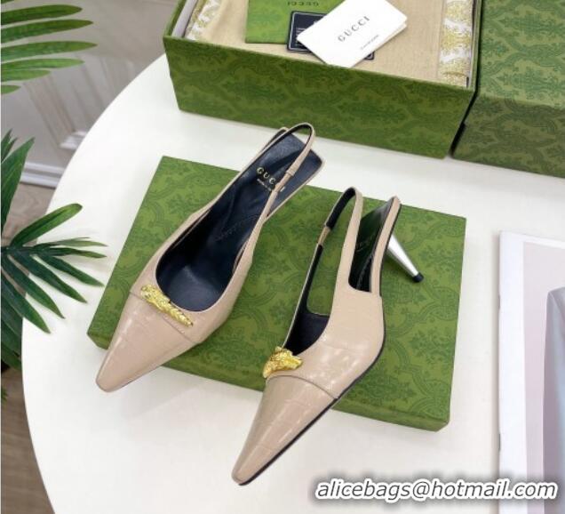 Grade Quality Gucci Stone Embossed Leather Slingback Pump ‎5.5cm with Tiger Head 768113 Beige 024014