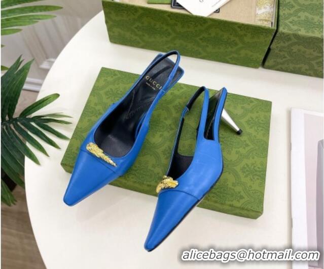 Low Price Gucci Stone Embossed Leather Slingback Pump 5.5cm with Tiger Head 768113 Blue 024015