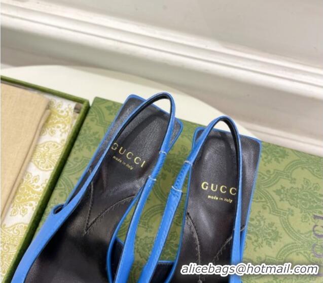 Low Price Gucci Stone Embossed Leather Slingback Pump 5.5cm with Tiger Head 768113 Blue 024015