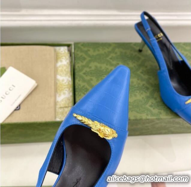 Low Price Gucci Stone Embossed Leather Slingback Pump 5.5cm with Tiger Head 768113 Blue 024015