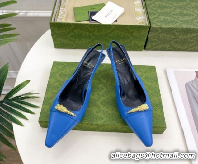 Low Price Gucci Stone Embossed Leather Slingback Pump 5.5cm with Tiger Head 768113 Blue 024015