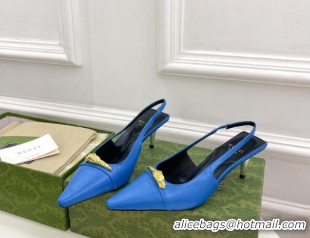 Low Price Gucci Stone Embossed Leather Slingback Pump 5.5cm with Tiger Head 768113 Blue 024015