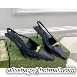 Best Grade Gucci Stone Embossed Leather Slingback Pump 5.5cm with Tiger Head 768113 Black 024016