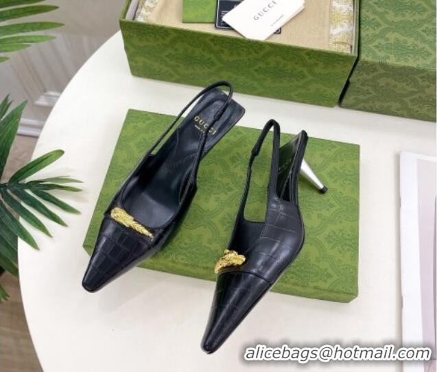 Best Grade Gucci Stone Embossed Leather Slingback Pump 5.5cm with Tiger Head 768113 Black 024016