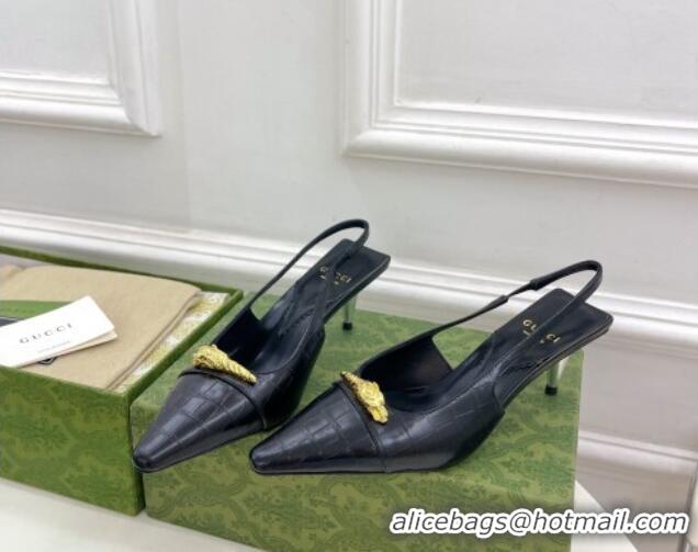 Best Grade Gucci Stone Embossed Leather Slingback Pump 5.5cm with Tiger Head 768113 Black 024016