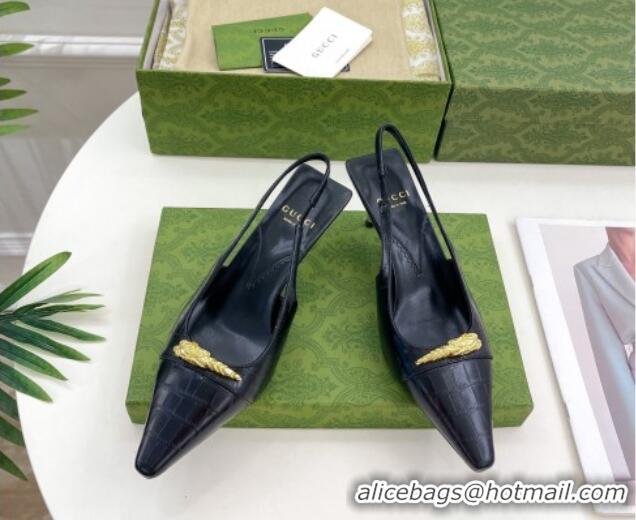 Best Grade Gucci Stone Embossed Leather Slingback Pump 5.5cm with Tiger Head 768113 Black 024016