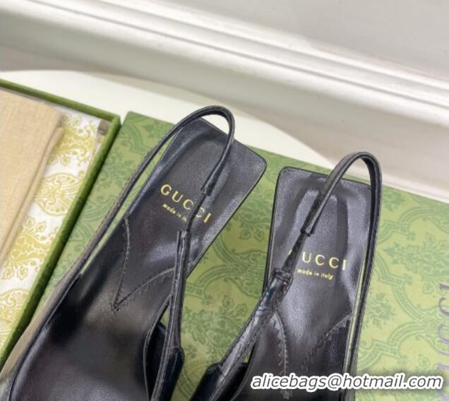 Best Grade Gucci Stone Embossed Leather Slingback Pump 5.5cm with Tiger Head 768113 Black 024016