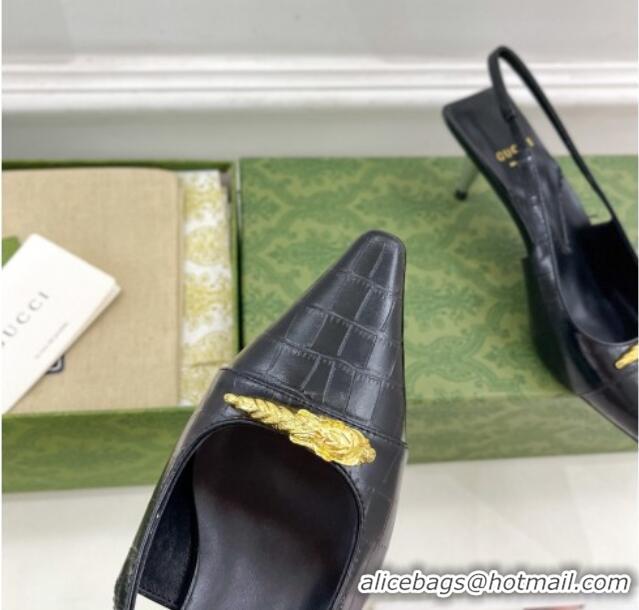 Best Grade Gucci Stone Embossed Leather Slingback Pump 5.5cm with Tiger Head 768113 Black 024016