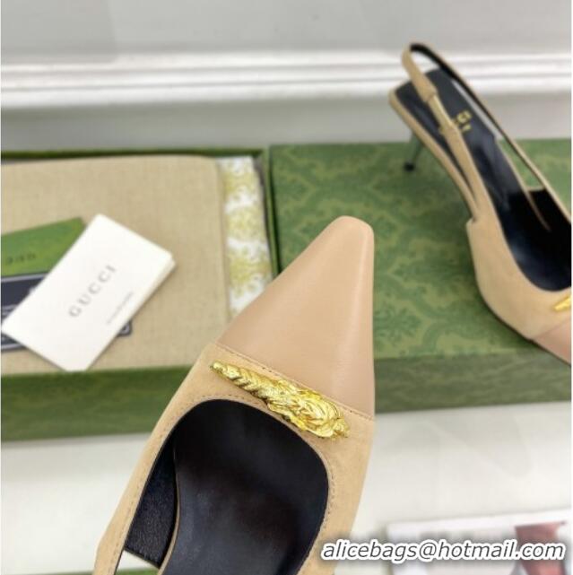 Good Looking Gucci Suede and Leather Slingback Pump 5.5cm with Tiger Head 768113 Beige/Pink 024017