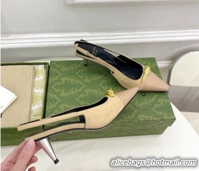 Good Looking Gucci Suede and Leather Slingback Pump 5.5cm with Tiger Head 768113 Beige/Pink 024017