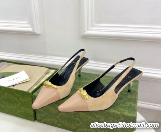 Good Looking Gucci Suede and Leather Slingback Pump 5.5cm with Tiger Head 768113 Beige/Pink 024017