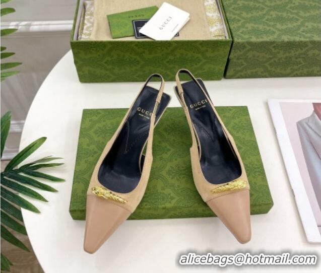 Good Looking Gucci Suede and Leather Slingback Pump 5.5cm with Tiger Head 768113 Beige/Pink 024017