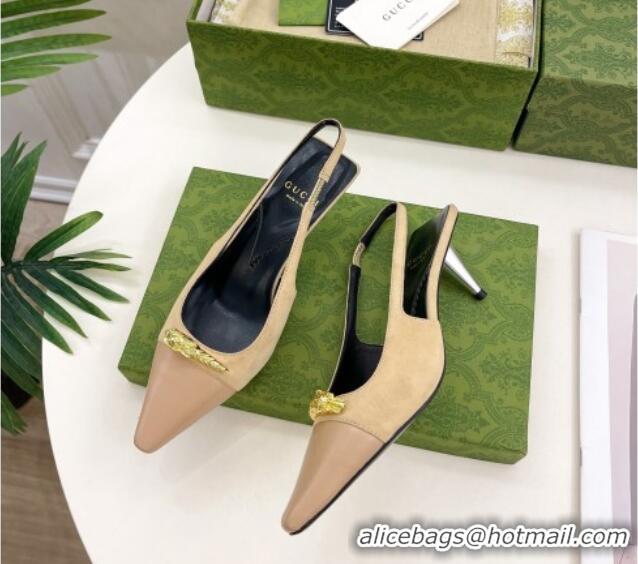 Good Looking Gucci Suede and Leather Slingback Pump 5.5cm with Tiger Head 768113 Beige/Pink 024017