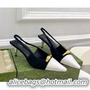 Top Design Gucci Suede and Leather Slingback Pump 5.5cm with Tiger Head 768113 Black/White 024018