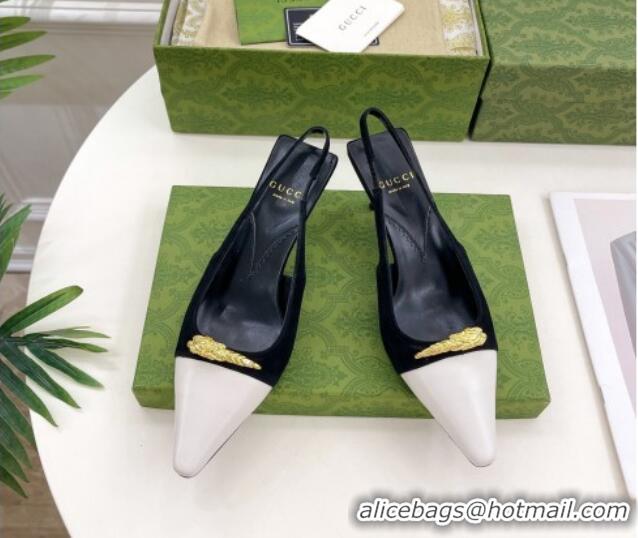 Top Design Gucci Suede and Leather Slingback Pump 5.5cm with Tiger Head 768113 Black/White 024018