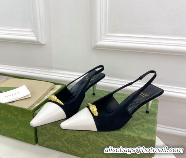 Top Design Gucci Suede and Leather Slingback Pump 5.5cm with Tiger Head 768113 Black/White 024018