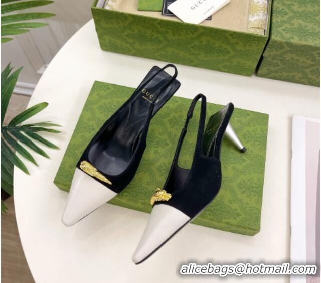 Top Design Gucci Suede and Leather Slingback Pump 5.5cm with Tiger Head 768113 Black/White 024018