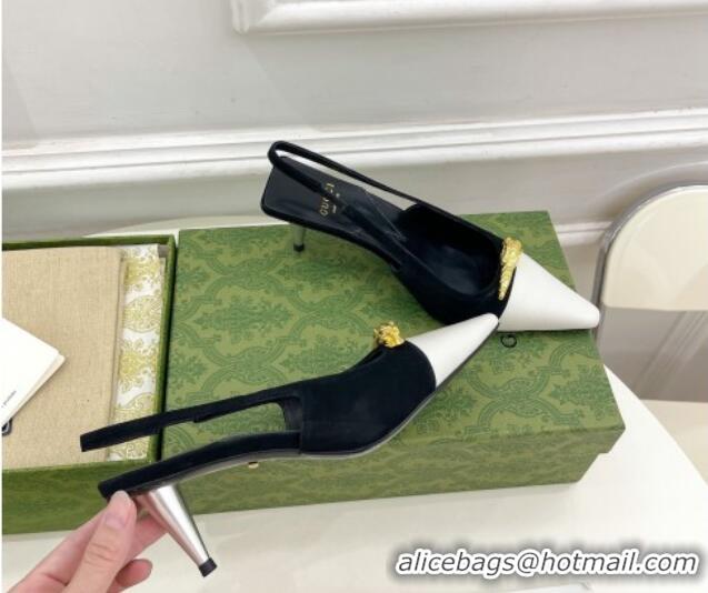 Top Design Gucci Suede and Leather Slingback Pump 5.5cm with Tiger Head 768113 Black/White 024018