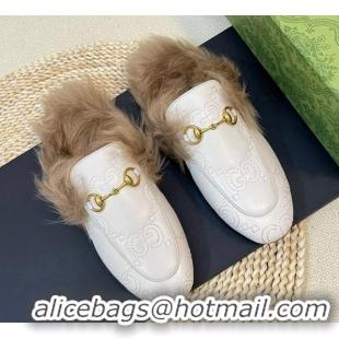 Pretty Style Gucci GG Leather and Wool Slippers White 024026