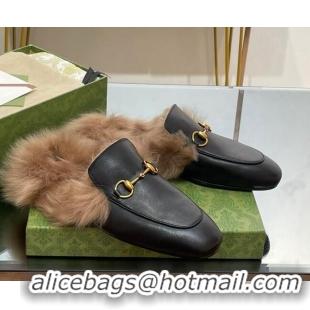 Perfect Gucci Leather and Wool Slippers with Horsebit Black 024029