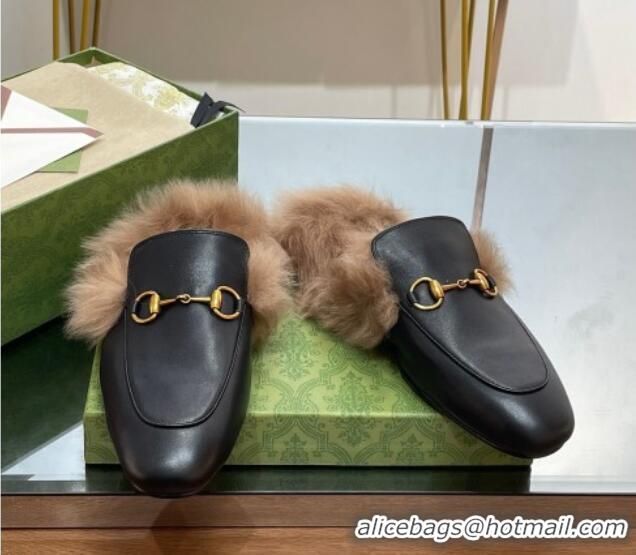 Perfect Gucci Leather and Wool Slippers with Horsebit Black 024029