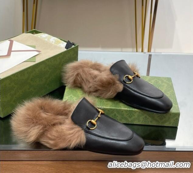 Perfect Gucci Leather and Wool Slippers with Horsebit Black 024029