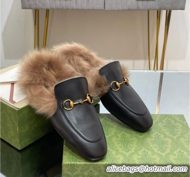 Perfect Gucci Leather and Wool Slippers with Horsebit Black 024029