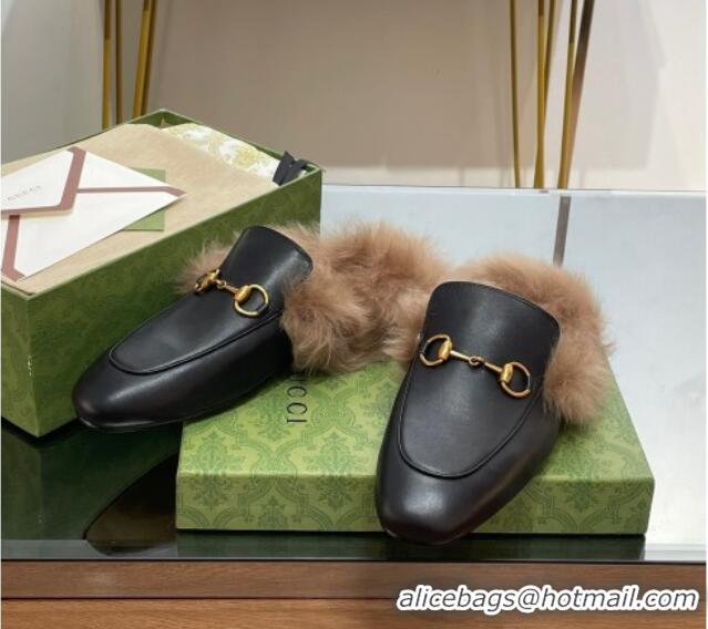 Perfect Gucci Leather and Wool Slippers with Horsebit Black 024029