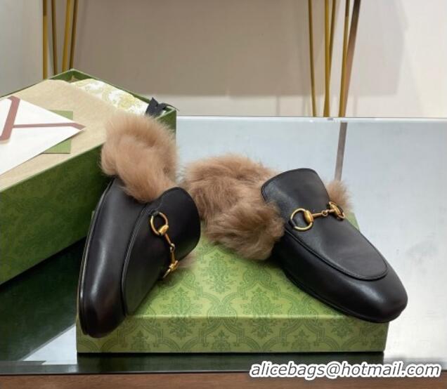 Perfect Gucci Leather and Wool Slippers with Horsebit Black 024029