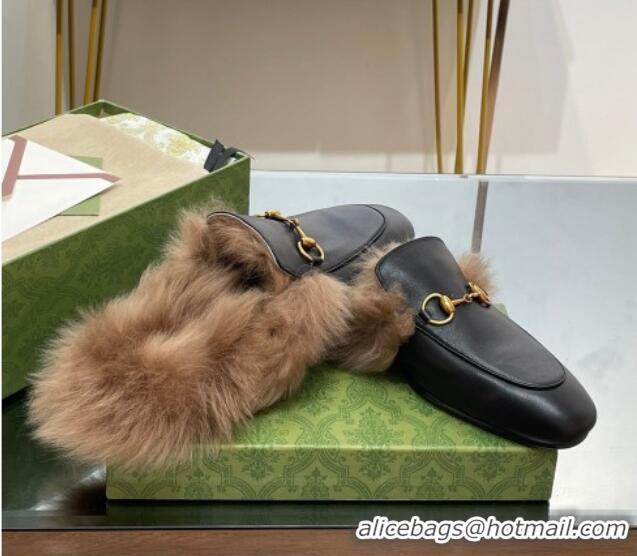 Perfect Gucci Leather and Wool Slippers with Horsebit Black 024029