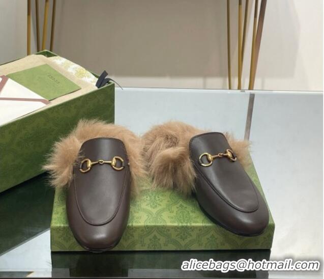 Purchase Gucci Leather and Wool Slippers with Horsebit Dark Brown 024030