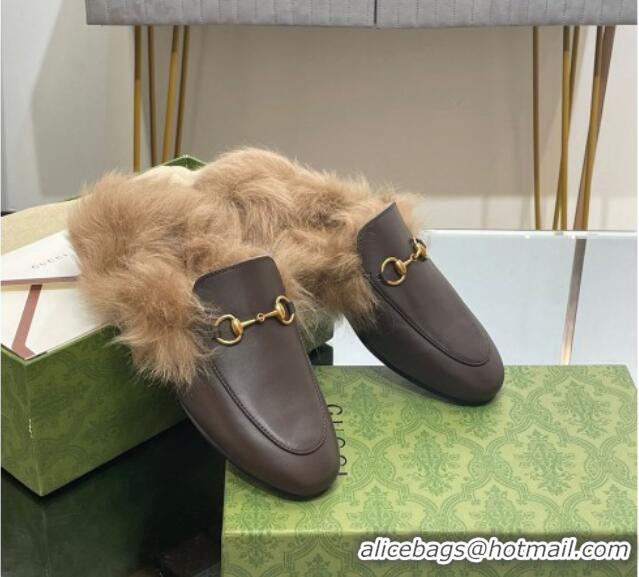 Purchase Gucci Leather and Wool Slippers with Horsebit Dark Brown 024030