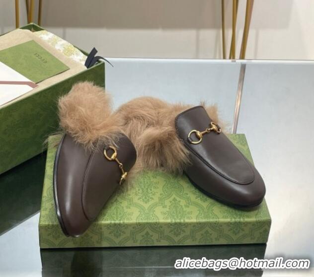 Purchase Gucci Leather and Wool Slippers with Horsebit Dark Brown 024030