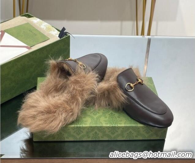 Purchase Gucci Leather and Wool Slippers with Horsebit Dark Brown 024030