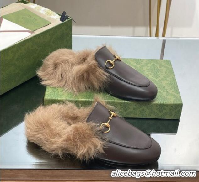 Purchase Gucci Leather and Wool Slippers with Horsebit Dark Brown 024030