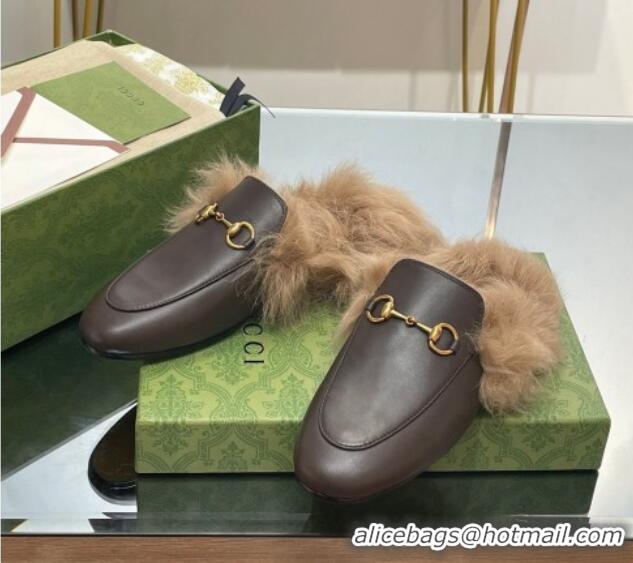 Purchase Gucci Leather and Wool Slippers with Horsebit Dark Brown 024030