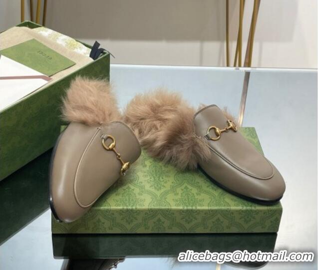 Good Quality Gucci Leather and Wool Slippers with Horsebit Sage Green 024031