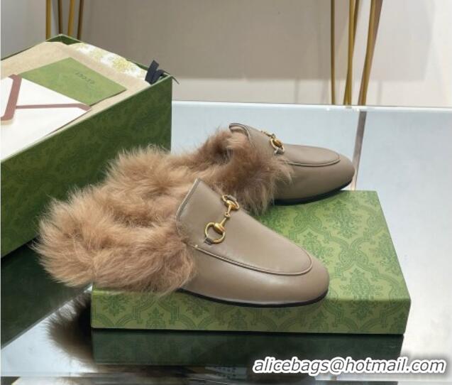 Good Quality Gucci Leather and Wool Slippers with Horsebit Sage Green 024031