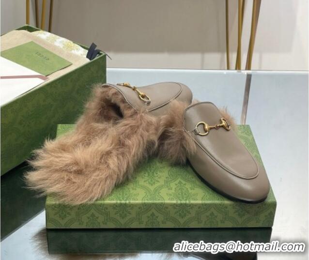 Good Quality Gucci Leather and Wool Slippers with Horsebit Sage Green 024031