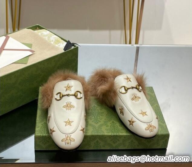 Best Grade Gucci Leather and Wool Slippers with Horsebit and Bees White 025001